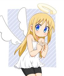 Rule 34 | 1other, absurdres, angel, angel wings, bare arms, black shorts, blonde hair, blue eyes, broken halo, commentary request, crimvael, dress, embarrassed, halo, highres, ishuzoku reviewers, richard (richaball), shorts, solo, sweatdrop, white dress, wings