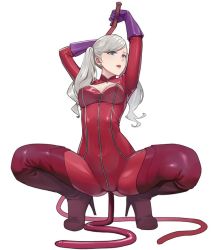 Rule 34 | blonde hair, blue eyes, bodysuit, boots, breasts, cleavage cutout, clothing cutout, earrings, fake tail, high heels, jewelry, latex, latex bodysuit, long boots, persona, persona 5, red bodysuit, small breasts, tail, takamaki anne, thigh boots, thighhighs, twintails, whip, zipper