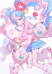 Rule 34 | 1girl, amana (pocketkey), blue skirt, bull sprite (pokemon), cardigan, clefairy sprite (pokemon), creatures (company), earrings, fairy miku (project voltage), flower, fossil sprite (pokemon), game freak, gen 1 pokemon, gen 2 pokemon, hair flower, hair ornament, hatsune miku, highres, igglybuff, jewelry, jigglypuff, leg warmers, long hair, looking at viewer, multicolored hair, nintendo, pink cardigan, pink footwear, poke ball, pokemon, pokemon (creature), project voltage, scrunchie, skirt, twintails, two-tone hair, very long hair, vocaloid, white background, wrist scrunchie