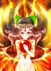 Rule 34 | 1girl, arm cannon, bad id, bad pixiv id, black hair, bow, brown hair, female focus, fire, fusanojou, groin, hair bow, hand on own chest, long hair, navel, nude, red eyes, reiuji utsuho, smile, solo, third eye, touhou, upper body, weapon, wings