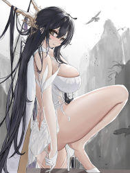 Rule 34 | 1girl, absurdres, anti kumo, ass, azur lane, backless dress, backless outfit, bare back, bird, black bird, black hair, breasts, dress, flower, from side, gloves, green eyes, hair between eyes, hair flower, hair on horn, hair ornament, high heels, highres, horns, indomitable (azur lane), large breasts, long hair, looking at viewer, looking to the side, see-through, see-through dress, shoes, skindentation, solo, very long hair, white dress, white footwear, white gloves