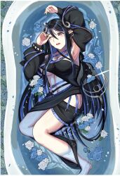 Rule 34 | arm up, armpits, bandeau, barefoot, bathtub, belt, black bandeau, black belt, black hair, black jacket, black skirt, blue belt, blue flower, blue hair, blue rose, breasts, brown eyes, chest belt, cleavage, curled horns, demon girl, demon horns, demon tail, fingernails, flower, from above, grey horns, hair between eyes, hebiyoi tier, hebiyoi tier (1st costume), highres, hip vent, horns, jacket, large breasts, long hair, long sleeves, multicolored hair, nanashi inc., navel, nyakatsu sayu, one eye closed, open clothes, open jacket, pointy ears, rose, sidelocks, skirt, tail, two-tone hair, virtual youtuber, water, white flower, white rose