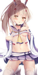 Rule 34 | 1girl, :o, areola slip, ayanami (azur lane), azur lane, bad id, bad pixiv id, black choker, blue sailor collar, blue sky, blush, breasts, brown eyes, choker, clothes lift, commentary request, detached sleeves, gluteal fold, hair between eyes, hair ornament, hairclip, headgear, high ponytail, highres, kneeling, lifted by self, light brown hair, long hair, long sleeves, looking at viewer, medium breasts, natuna natu, navel, panties, parted lips, pleated skirt, ponytail, retrofit (azur lane), sailor collar, shirt, shirt lift, skirt, sky, solo, sweat, thighhighs, underwear, white panties, white shirt, white sleeves, white thighhighs, wide sleeves, yellow neckwear