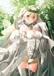 Rule 34 | 10s, 1girl, bare shoulders, belt, belt skirt, blonde hair, blush, boots, breasts, bridal veil, chain, cleavage, commentary, cowboy shot, detached sleeves, eyebrows, fate/extra, fate/extra ccc, fate/grand order, fate (series), full-length zipper, gloves, green eyes, hand on own chest, highleg, highleg leotard, highres, laurel crown, leaf, leotard, lock, looking at viewer, medium breasts, nero claudius (bride) (fate), nero claudius (bride) (third ascension) (fate), nero claudius (fate), nero claudius (fate) (all), padlock, smile, solo, thigh boots, thighhighs, torimahera, veil, white gloves, zipper, zipper pull tab