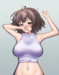 Rule 34 | 1girl, ahoge, animal ears, arknights, blush, breasts, brown eyes, brown hair, choker, covering own mouth, grey background, highres, large breasts, looking at viewer, lying, navel, on back, otter ears, otter girl, roberta (arknights), rryiup, shirt, short hair, simple background, solo, stomach, twitter username, upper body, white choker, white shirt
