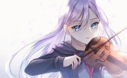 Rule 34 | 1girl, aryuma772, black jacket, blue eyes, character request, floating hair, hair between eyes, highres, holding, holding instrument, holding violin, hood, hood down, hooded jacket, instrument, jacket, long hair, long sleeves, music, open clothes, open jacket, parted lips, playing instrument, silver hair, solo, straight hair, twitter username, upper body, very long hair, violin, white background