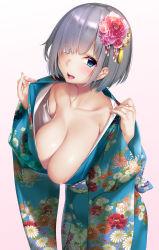 Rule 34 | 1girl, :d, areola slip, blue eyes, blue kimono, blush, breasts, cleavage, collarbone, eyes visible through hair, fingernails, floral print, flower, hair flower, hair ornament, hair over one eye, hamakaze (kancolle), hands up, hanging breasts, highres, japanese clothes, kantai collection, kimono, large breasts, leaning forward, long sleeves, looking at viewer, nail polish, nironiro, open clothes, open kimono, open mouth, pink background, pink nails, short hair, silver hair, simple background, smile, solo, standing, tongue, upper body, white background, wide sleeves