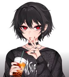 Rule 34 | 1girl, black choker, black hair, blush, bubble tea, choker, closed mouth, collarbone, cross, cross earrings, cup, drinking straw, ear piercing, earrings, eyelashes, eyes visible through hair, eyeshadow, fingernails, gradient background, hair between eyes, heart, heart choker, highres, holding, holding cup, jewelry, long eyelashes, long fingernails, makeup, nail polish, necklace, ny4ncy, original, piercing, pinky ring, red eyes, red nails, ring, short hair, sleeves past wrists, solo, upper body, vampire, very long fingernails