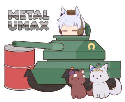 Rule 34 | 1girl, animal, animal ears, animalization, bow, brown hat, check copyright, chibi, copyright request, drum (container), ear bow, ear covers, gold ship (umamusume), gomashio (goma feet), grey hair, hat, horse ears, metal max, military vehicle, mini hat, motor vehicle, oguri cap (umamusume), purple bow, simple background, special week (umamusume), tank, umamusume, white background