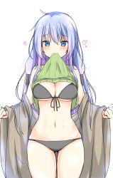 Rule 34 | 1girl, black bra, black panties, blue eyes, blue hair, blush, bra, breasts, cleavage, clothes lift, commentary, dot nose, duel monster, eria the water charmer, eyes visible through hair, green hair, heart, highres, large breasts, lifted by self, long hair, looking at viewer, mouth hold, navel, panties, raion (inoueraion), shirt lift, simple background, solo, thighs, underwear, white background, yu-gi-oh!