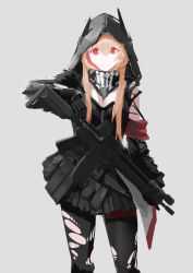 Rule 34 | 1girl, absurdres, assault rifle, black gloves, black pantyhose, black skirt, breasts, cleavage, closed mouth, collar, girls&#039; frontline, gloves, grey background, gun, hair between eyes, highres, holding, holding gun, holding weapon, hood, hood up, jacket, long hair, long sleeves, looking at viewer, m4 sopmod ii, m4 sopmod ii (girls&#039; frontline), multicolored hair, pantyhose, pink hair, red eyes, red hair, rifle, scope, sidelocks, simple background, skirt, smile, solo, standing, streaked hair, torn clothes, torn pantyhose, upper body, weapon, white-smile