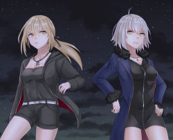Rule 34 | 2girls, artoria pendragon (all), artoria pendragon (fate), bad id, bad pixiv id, black ribbon, blonde hair, breasts, closed mouth, collarbone, fate/grand order, fate (series), hair ribbon, highres, jeanne d&#039;arc (fate), jeanne d&#039;arc alter (fate), jeanne d&#039;arc alter (ver. shinjuku 1999) (fate), jewelry, long hair, looking at another, looking at viewer, medium breasts, multiple girls, necklace, night, night sky, official alternate costume, parted lips, ponytail, ribbon, rossa (pixiv27548922), saber alter, saber alter (ver. shinjuku 1999) (fate), short hair, sky, standing, star (sky), starry sky, teeth, white hair, yellow eyes