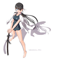 Rule 34 | 1girl, barefoot, black eyes, black hair, character name, eyepatch, full body, hands on hilt, jacket, jacket on shoulders, long hair, military, military uniform, nenchi, one-piece swimsuit, ponytail, sakamoto mio, school swimsuit, shadow, simple background, smile, solo, strike witches, swimsuit, sword, uniform, weapon, white background, world witches series
