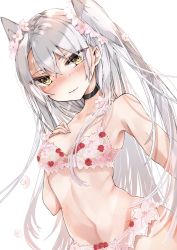 Rule 34 | 1girl, alternate costume, amatsukaze (kancolle), blush, bra, breasts, cherry print, chigasaki yukari, choker, closed mouth, flower, food print, hair between eyes, hair flower, hair ornament, hand on own chest, highres, kantai collection, lingerie, lips, long hair, panties, pink bra, pink flower, pink panties, silver hair, simple background, small breasts, solo, two side up, underwear, white background, yellow eyes