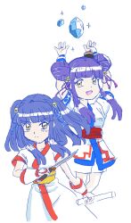 Rule 34 | 2girls, ainu clothes, arms up, blue hair, breasts, clenched hands, cosplay, double bun, fingerless gloves, gloves, hair bun, hair ribbon, highres, legs, long hair, looking at viewer, medium breasts, multiple girls, nakoruru, open mouth, pants, purple hair, ribbon, rimururu, samurai spirits, shorts, snk, the king of fighters, thighs, twintails, weapon, yellow eyes