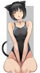Rule 34 | 1girl, amagami, animal ears, arms between legs, bell, black hair, black one-piece swimsuit, border, breasts, brown eyes, cat ears, cat tail, choker, collarbone, commentary request, competition swimsuit, cowboy shot, grey background, jingle bell, kemonomimi mode, looking at viewer, nanasaki ai, one-piece swimsuit, open mouth, round teeth, serizawa (serizawaroom), short hair, sitting, small breasts, solo, swimsuit, tail, teeth, two-tone background, upper teeth only, white border
