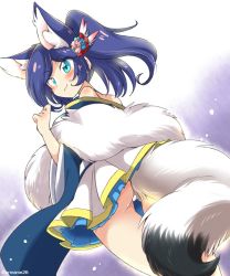 Rule 34 | 1girl, animal ears, ass, azur lane, bad id, bad twitter id, blue eyes, blue hair, blush, closed mouth, eromame, extra ears, eyebrows, fox ears, fox tail, from behind, hair ornament, high ponytail, inconvenient tail, jintsuu (azur lane), light particles, long hair, long sleeves, looking away, miniskirt, off shoulder, panties, pantyshot, pleated skirt, skirt, smile, solo, standing, swept bangs, tail, thigh gap, twitter username, underwear, white panties, white skirt, wide sleeves