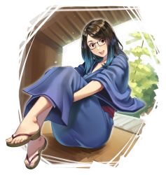 Rule 34 | 1girl, agustinus, black hair, blue hair, brown eyes, collarbone, commentary, english commentary, full body, glasses, gradient hair, highres, indie virtual youtuber, japanese clothes, kimono, kson, looking at viewer, multicolored hair, open mouth, real life, sandals, solo, yukata