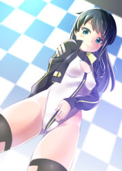 Rule 34 | 1girl, alice gear aegis, black hair, black jacket, black thighhighs, blue eyes, breasts, checkered background, cleavage cutout, clothing cutout, commentary request, cowboy shot, dutch angle, gluteal fold, heattech leotard, highleg, highleg leotard, highres, jacket, kanoe (gallery walhalla), koashi mutsumi, leotard, long hair, looking at viewer, race queen, single thighhigh, small breasts, solo, standing, thighhighs, turtleneck, white leotard