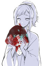 Rule 34 | 10s, 1boy, bad id, bad pixiv id, blood, blood on clothes, blood on face, high ponytail, looking at viewer, male focus, partially colored, sakiyo cake, shinsengumi, simple background, smile, solo, touken ranbu, white background, yamato-no-kami yasusada