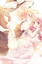 Rule 34 | 2girls, apron, black dress, blonde hair, blush, braid, capelet, dress, female focus, hair ribbon, hand on another&#039;s cheek, hand on another&#039;s face, hat, highres, karunabaru, kirisame marisa, multiple girls, open mouth, patchouli knowledge, pink hair, purple eyes, ribbon, shirt, striped clothes, striped dress, touhou, witch, witch hat, yellow eyes, yuri