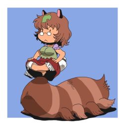 Rule 34 | 1girl, :&lt;, animal ears, chibi, female focus, frown, futatsuiwa mamizou, indian style, onikobe rin, prehensile tail, raccoon ears, raccoon tail, short hair, simple background, sitting, solo, tail, tail stand, touhou, what