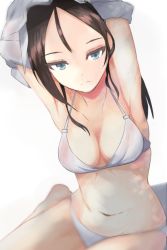 Rule 34 | 1girl, armpits, arms up, barefoot, black hair, blue eyes, blurry, bra, breasts, cleavage, closed mouth, clothes lift, commentary, frown, girls und panzer, grey bra, grey panties, grey shirt, half-closed eyes, halterneck, long hair, looking at viewer, medium breasts, navel, nonna (girls und panzer), panties, shadow, shirt, shirt lift, simple background, sitting, skindentation, solo, swept bangs, tsuru (tsubasa1993621), underwear, underwear only, undressing, white background