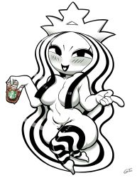 Rule 34 | 1girl, blush, censored, coffee cup, crown, cup, curvy, disposable cup, greyimpaction, greyscale, hair censor, hair over breasts, highres, midriff, monochrome, navel, product girl, pubic hair, star (symbol), star censor, starbucks, starbucks siren, stb-chan, thighhighs, wavy hair, wide hips