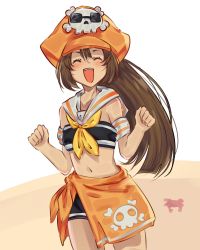 Rule 34 | 1girl, ^ ^, arc system works, brown hair, closed eyes, detached collar, facing viewer, guilty gear, guilty gear strive, hat, highres, long hair, may (guilty gear), midriff, mil17459623, navel, pirate hat, running, skull and crossbones, straight hair, summer, swimsuit, white background