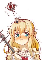 Rule 34 | !, !!, 10s, 2girls, :t, blonde hair, blue eyes, blush, commentary request, crown, dress, embarrassed, eyebrows, fairy (kancolle), jewelry, kantai collection, long hair, looking at viewer, mini crown, mini person, minigirl, multiple girls, off-shoulder dress, off shoulder, pout, simple background, solo focus, spoken exclamation mark, tanaka kusao, trembling, warspite (kancolle), wavy mouth, white background