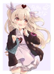 Rule 34 | 1girl, artist request, blonde hair, blush, dress, fang, feet out of frame, flat chest, gradient background, gradient eyes, hat, head wings, long hair, multicolored eyes, natori sana, nurse cap, open mouth, orange eyes, pen, sana channel, skirt, smile, sweater, translation request, virtual youtuber, wings