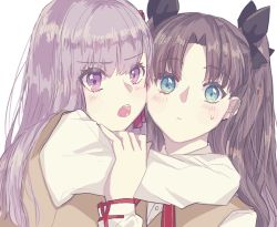 Rule 34 | 2girls, black bow, blue eyes, blush, bow, breasts, brown hair, collared shirt, fate/stay night, fate (series), homurahara academy school uniform, huge breasts, long hair, looking at viewer, matou sakura, multiple girls, open mouth, purple eyes, purple hair, roku (ntbr fate), school uniform, shirt, siblings, sisters, sweatdrop, tohsaka rin, two side up, upper body, vest, white background, white shirt, yellow vest