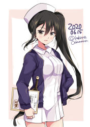 Rule 34 | 1girl, adapted costume, blush, bottle, breasts, brown eyes, brown hair, buttons, cardigan, cowboy shot, dated, hair between eyes, hat, kantai collection, large breasts, long hair, long sleeves, nachi (kancolle), nurse, nurse cap, odawara hakone, one-hour drawing challenge, open mouth, purple cardigan, side ponytail, smile, solo, twitter username