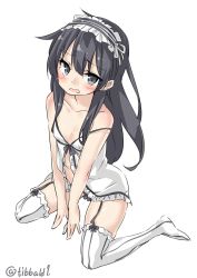 Rule 34 | 10s, 1girl, akatsuki (kancolle), alternate costume, bad id, bad twitter id, bare arms, bare shoulders, between legs, black eyes, black hair, blush, breasts, center opening, collarbone, dress, ebifurya, eyebrows, frilled dress, frills, full body, garter straps, hand between legs, headdress, highres, inactive account, kantai collection, long hair, looking at viewer, no shoes, open mouth, sidelocks, simple background, sitting, small breasts, solo, strap slip, thighhighs, twitter username, wariza, white background, white thighhighs