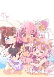 Rule 34 | 3girls, :3, :d, ;d, assault lily, bare arms, bare shoulders, barefoot, beach, bikini, bikini skirt, black bikini, blue eyes, blush, brown hair, brown headwear, chibi, cloud, commentary request, cross-laced bikini, cross-laced clothes, day, endou araya, eyewear on head, floral print, flower, front-tie bikini top, front-tie top, girl sandwich, hair bun, hair flower, hair ornament, hairpods, halterneck, hand on another&#039;s thigh, hand up, hat, heart, hitotsuyanagi riri, honkawa works, kaede johan nouvel, kneeling, long hair, looking at viewer, multiple girls, navel, off shoulder, official alternate costume, official alternate hairstyle, on ground, one eye closed, open mouth, orange bikini, orange flower, outdoors, pink bikini, pink eyes, print bikini, print sarong, puckered lips, red-framed eyewear, sandwiched, sarong, shirt, short sleeves, side-by-side, single side bun, smile, standing, stomach, sun hat, sunglasses, swimsuit, tan, twintails, very long hair, white sarong, yellow shirt