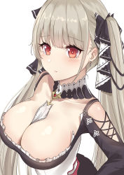 Rule 34 | 1girl, absurdres, azur lane, bare shoulders, between breasts, black dress, blush, breasts, cleavage, closed mouth, dress, earrings, formidable (azur lane), frilled dress, frills, grey hair, hair ribbon, highres, jewelry, large breasts, long hair, looking at viewer, red eyes, ribbon, simple background, solo, twintails, two-tone dress, two-tone ribbon, very long hair, white background, ying jing meng