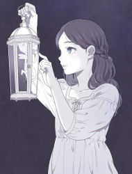 Rule 34 | 2girls, blue eyes, braid, dark background, fairy, half updo, holding, holding lantern, lantern, long hair, long sleeves, looking at another, mattaku mousuke, multiple girls, nightgown, nude, original, parted lips, pointy ears, spot color, trapped, upper body