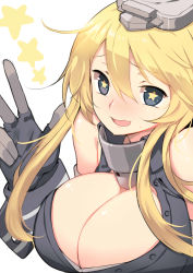 Rule 34 | 10s, 1girl, absurdres, bare shoulders, battle koala, blonde hair, breasts, cleavage, gloves, highres, iowa (kancolle), kantai collection, large breasts, long hair, looking at viewer, mg09, one eye closed, open mouth, smile, solo, star-shaped pupils, star (symbol), symbol-shaped pupils, upper body, v