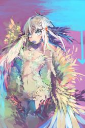 Rule 34 | 1girl, bad id, bad pixiv id, colored eyelashes, eyelashes, feather hair ornament, feathers, grey eyes, hair ornament, harpy, htm (gixig), monster girl, mouse (animal), original, solo, white hair, winged arms, wings