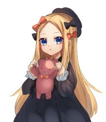 Rule 34 | 1girl, abigail williams (fate), black bow, black dress, black hat, blonde hair, blue eyes, blush, bow, breasts, dress, fate/grand order, fate (series), forehead, hair bow, hat, long hair, long sleeves, looking at viewer, miya (miyaruta), multiple bows, orange bow, parted bangs, polka dot, polka dot bow, ribbed dress, simple background, sleeves past fingers, sleeves past wrists, small breasts, stuffed animal, stuffed toy, teddy bear, very long hair, white background