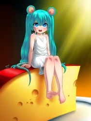 Rule 34 | aged down, animal ears, cheese, chibi miku, child, diegodkan, dress, feet, food, hatsune miku, highres, mouse ears, mouse tail, self-upload, sitting, smile, tail, twintails
