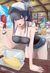 4girls arm_support atsuko_(blue_archive) atsuko_(swimsuit)_(blue_archive) bare_shoulders baseball_cap beach bikini black_camisole black_choker black_hair blue_archive blue_eyes blue_hair blue_halo breasts cafenami camera camisole ceiling_light chair choker cleavage cloud colored_inner_hair commentary_request corn corn_cob cross_halo day denim denim_shorts eyewear_on_head food green_eyes green_hair hair_over_one_eye halo hat highres hiyori_(blue_archive) hiyori_(swimsuit)_(blue_archive) holding holding_camera ketchup ketchup_bottle large_breasts leaning_forward long_hair looking_at_viewer menu misaki_(blue_archive) misaki_(swimsuit)_(blue_archive) multicolored_hair multiple_girls navel official_alternate_costume omelet omurice open_mouth outdoors purple_hair red_halo sand saori_(blue_archive) saori_(swimsuit)_(blue_archive) shore short_hair shorts sitting slippers spoon standing sun_hat swimsuit table watch water white_bikini white_halo white_hat wooden_table yellow_background