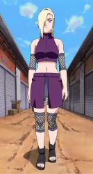 Rule 34 | 1girl, bare shoulders, blonde hair, blue eyes, breasts, feet, female focus, full body, hair over one eye, legs, long hair, looking at viewer, midriff, naruto (series), naruto shippuuden, navel, ninja, outdoors, ponytail, sandals, screencap, shadow, skirt, sky, solo, standing, stitched, third-party edit, toes, walking, yamanaka ino
