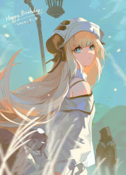 Rule 34 | 1girl, 1other, arknights, bare shoulders, beret, black jacket, blonde hair, blue eyes, blue sky, chinese commentary, commentary request, day, doctor (arknights), dress, hat, highres, hood, hooded jacket, horns, horns through headwear, jacket, junz, long hair, long sleeves, looking at viewer, nightingale (arknights), outdoors, sky, staff, upper body, very long hair, white dress, white headwear