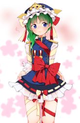 Rule 34 | 1girl, absurdres, armor, asymmetrical hair, blue eyes, bound, bound arms, flat chest, floral background, green hair, hair between eyes, hat, highres, kaisenpurin, medal, microskirt, pauldrons, red ribbon, ribbon, ribbon-trimmed skirt, ribbon trim, shiki eiki, short hair, shoulder armor, skirt, solo, touhou, white ribbon, white sleeves