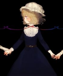 Rule 34 | 1girl, blonde hair, blush, dress, frills, hat, holding hands, maribel hearn, out of frame, profile, ribbon, short hair, simple background, solo focus, touhou, yujup