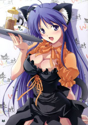 Rule 34 | 1girl, absurdres, animal ears, blush, bow, breasts, cat ears, cat tail, cleavage, coffee, coffee press, cup, dress, frills, highres, izumi mahiru, large breasts, long hair, non-web source, open mouth, purple eyes, purple hair, smile, solo, tail, tray