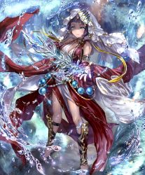 Rule 34 | 1girl, armlet, artist request, bare shoulders, barefoot, beads, black hair, blue eyes, chain, cygames, looking at viewer, official art, prophetess of creation, shadowverse, shin guards, short hair, smile, veil, water