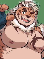Rule 34 | 1boy, :d, ahoge, animal ears, bara, beard, belly, blue eyes, bodypaint, claw pose, facial hair, fat, fat man, fluffy, furry, furry male, highres, hombre tigre (housamo), large pectorals, male focus, medium hair, muscular, muscular male, nipples, nude, one eye closed, open mouth, pectorals, shirako (kirupi), smile, solo, stomach, thick eyebrows, tiger boy, tiger ears, tokyo houkago summoners, upper body, waving, white hair