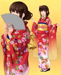 Rule 34 | 1girl, akagi (kancolle), alternate costume, alternate hairstyle, blush, brown eyes, brown hair, covering own mouth, floral print, folding fan, hair ornament, hand fan, highres, japanese clothes, kantai collection, kimono, legs together, long hair, multiple views, sandals, simple background, standing, tabi, wa (genryusui), yellow background, zouri